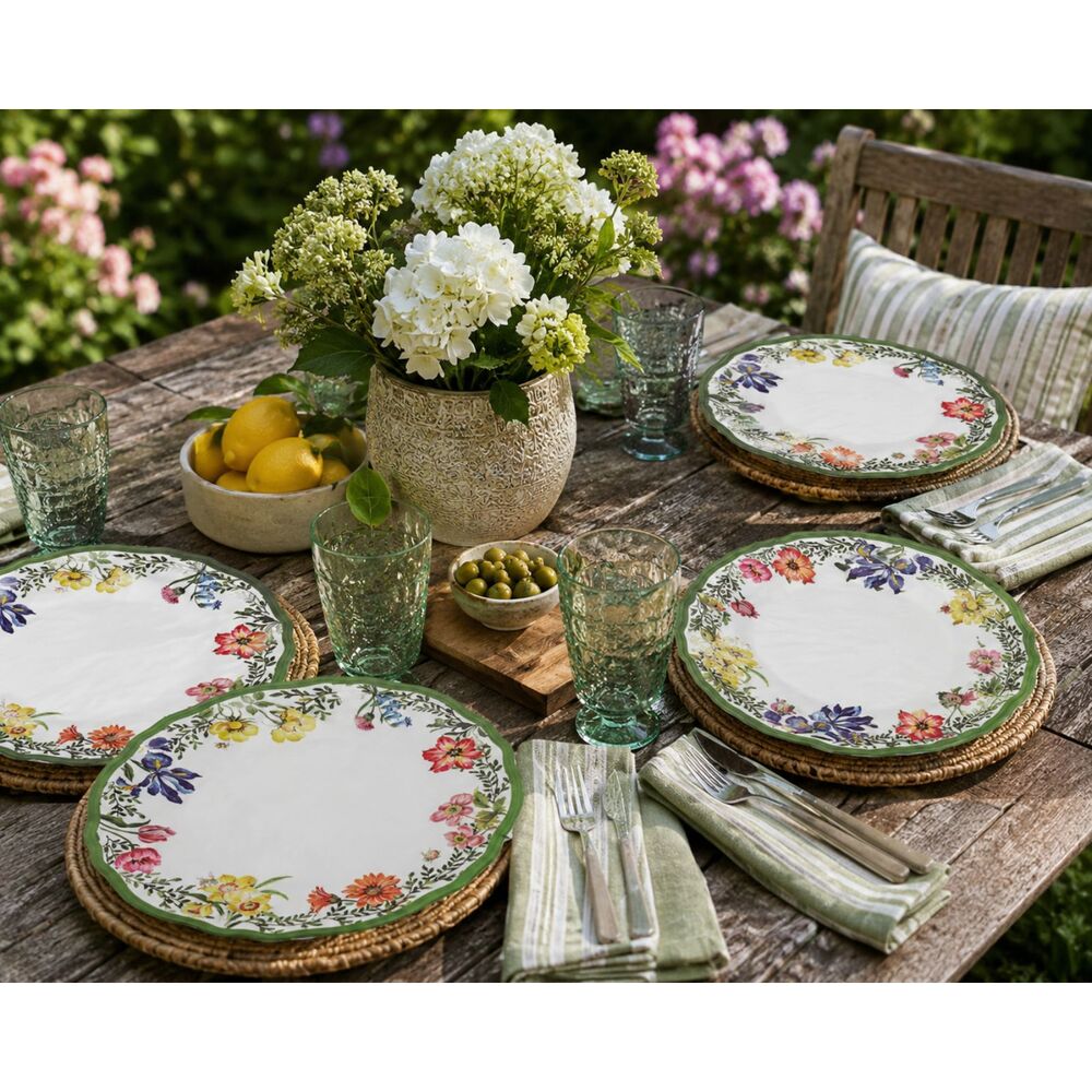 Set of 4  Floral Garden Melamine Dinner Plates 11" Green Rim BPA Free